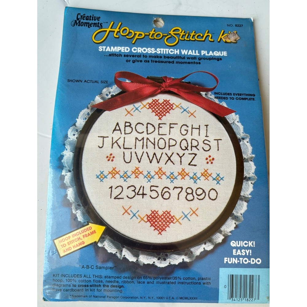 Vintage Creative Moments Hoop-to-Stitch Kit A-B-C Sampler Cross-Stitch 8227 1982